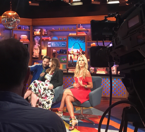 Tinsley and Amber Tamblyn on set during a commercial break.
